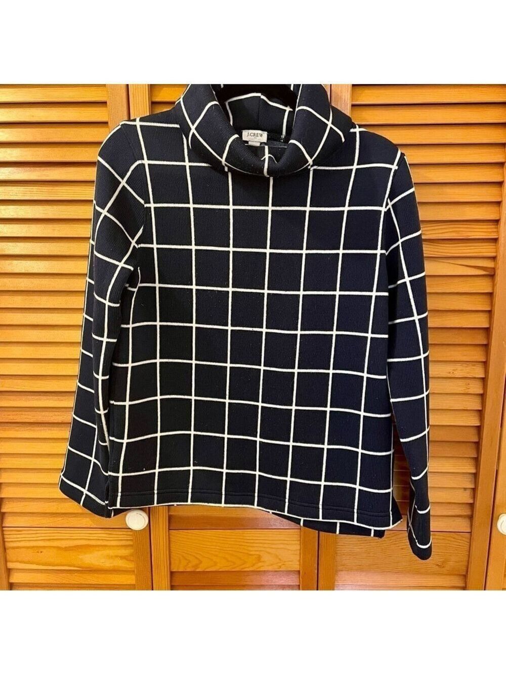 J. Crew Black and White Grid Turtleneck Sweater Cozy Chic Warm